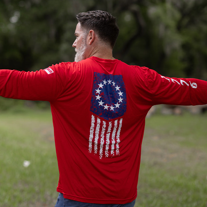 1776 Betsy Ross Flag Long Sleeve Dry Fit Red Shirt