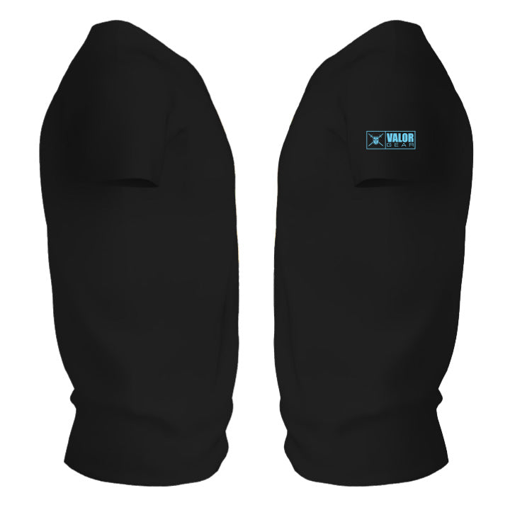 Two black side-views of a shirt, the right sleeve features a small blue VALOR TIGER patch.
