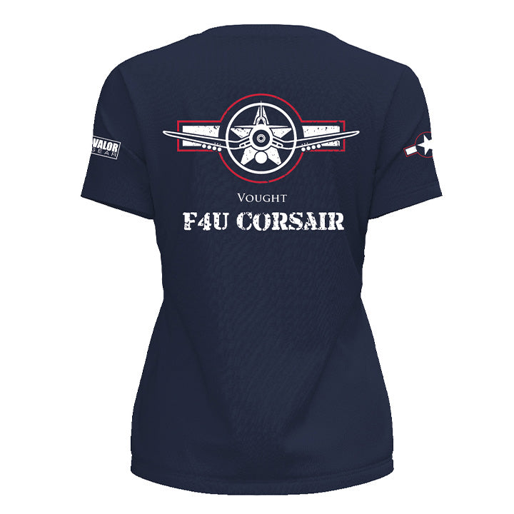 Back of navy women's F4U Corsair t-shirt with front-on Corsair head-on view inside a red-and-white USMC roundel-style badge showing iconic inverted gull wings and radial engine, "VOUGHT" and bold distressed "F4U CORSAIR" white lettering.