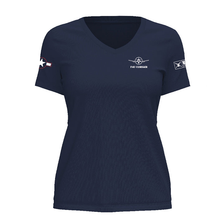 Front of navy women's F4U Corsair fitted t-shirt with small Corsair badge chest graphic — ladies WWII Pacific warbird tee by Valor Gear
