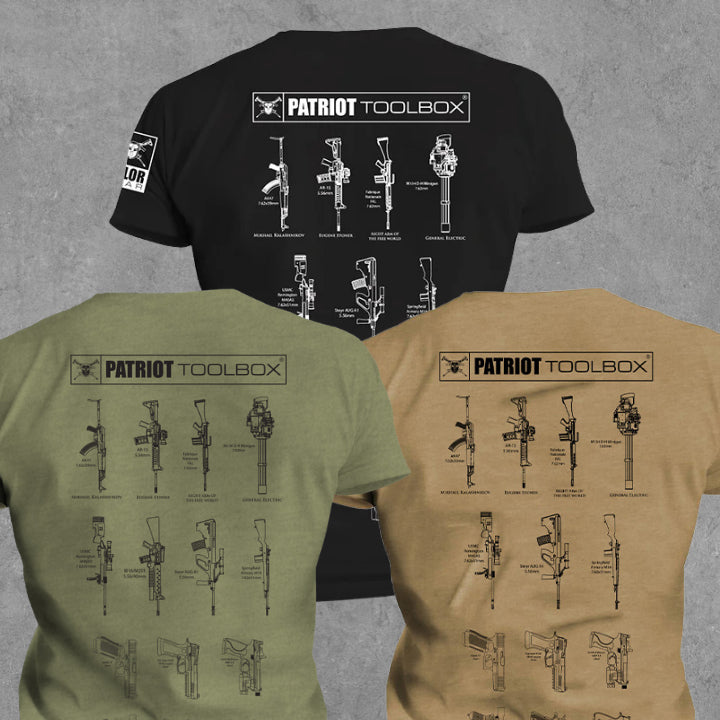 Patriot Toolbox Collection T-Shirt with Famous American Rifles and Pistols Graphic