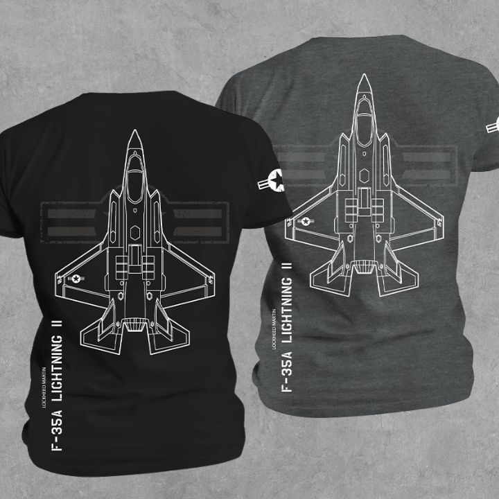 Black: "F-35A Lightning II reflective graphic t-shirt in Black and Charcoal by Valor Gear"