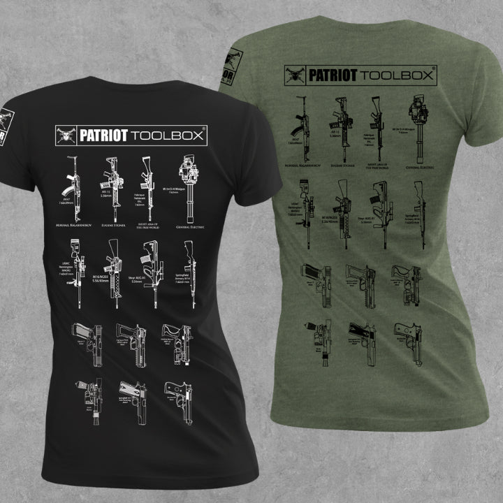 women's Patriot Toolbox t-shirt with white blueprint chart of 13 iconic firearms — AK-47, AR-15, FN FAL, M134 Minigun, M40A5, M16/M203, Steyr AUG, M14, Glock 17, FN FiveseveN, S&W M&P, Springfield 1911, and Beretta 92