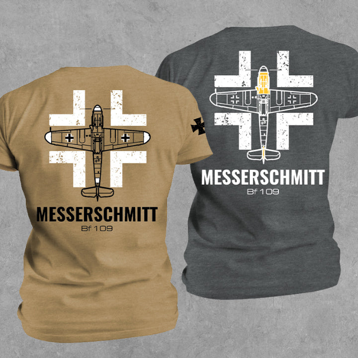 Messerschmitt Bf 109 T-shirt back comparison — Coyote Brown (left) and Gray (right) showing top-down warbird blueprint with Balkenkreuz cross and MESSERSCHMITT Bf 109 text — Valor Gear