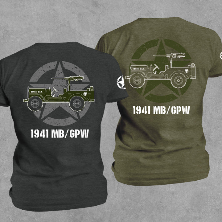 1941 Willys Jeep T-Shirt  with Vintage Jeep graphic and Army star 