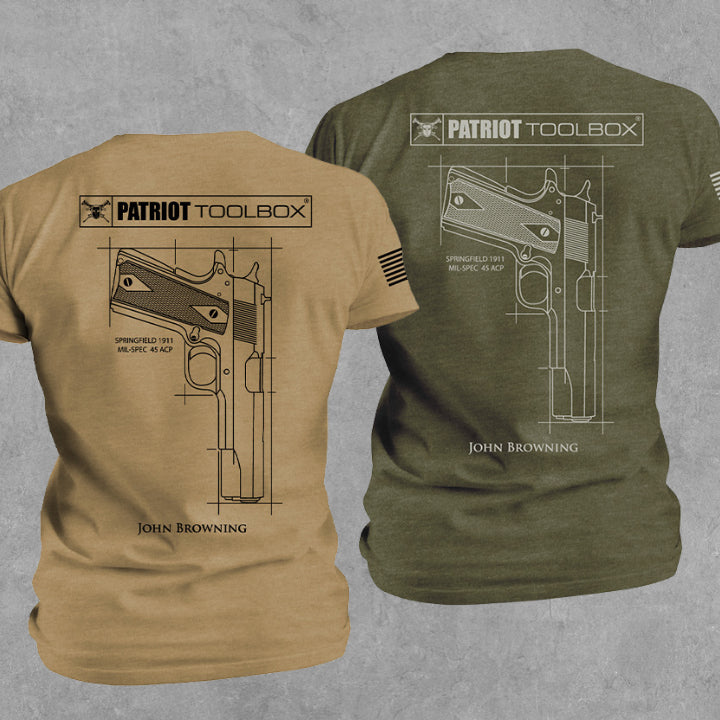 1911 Springfield John Browning .45 Cal Iconic Military Pistol Graphic T-Shirt 